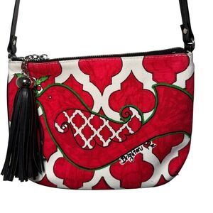 Brighton‎ Red Bird Print Crossbody Bag Tassel Strap Canvas Purse Whimsical Artsy